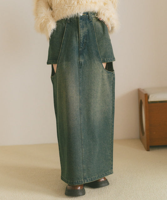 側面鏤空直筒牛仔裙